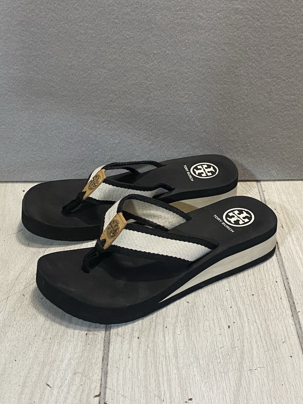 Tory Burch Flip Flop Sandals Black Cream Logo Thong Summer Beach Slides 8